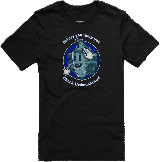 UedamaScout black tee with Before you jump out graphic